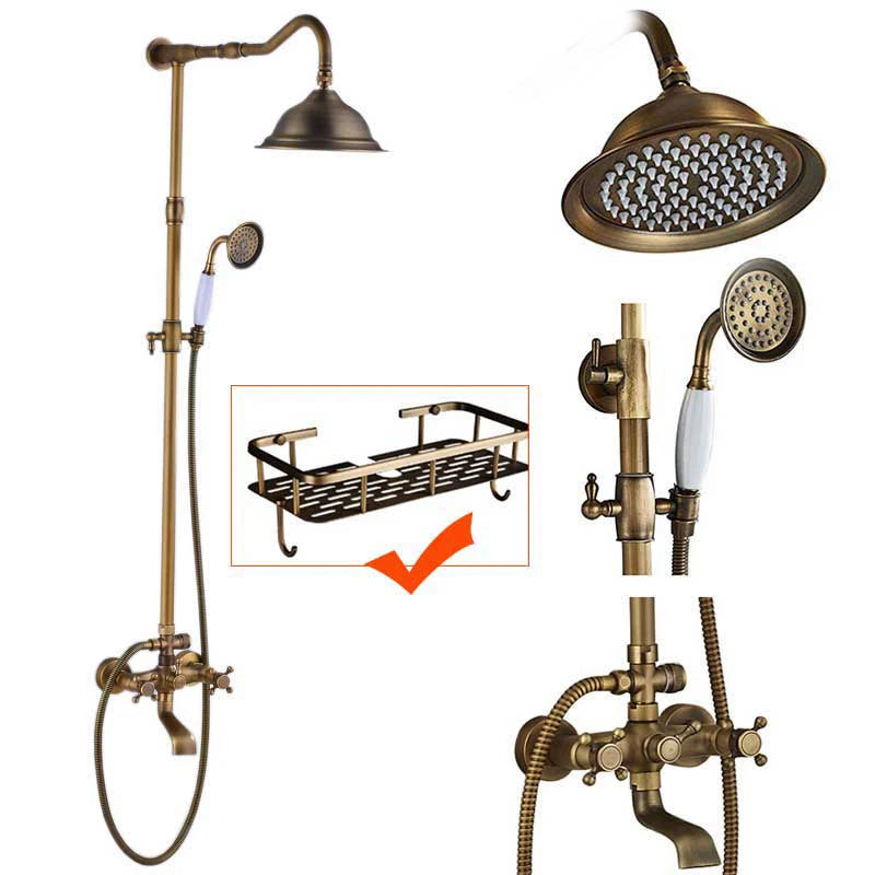 Rozin Antique Brass Wall Mount Dual Handle Shower Faucet Set Handshower Shelf