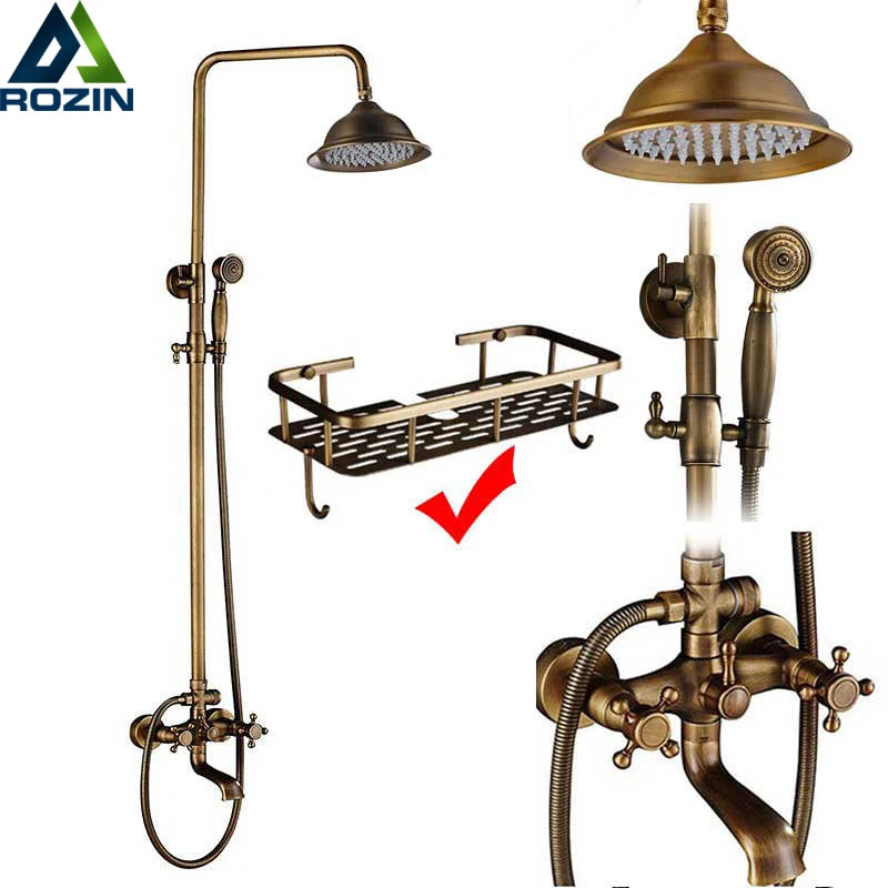 Rozin Antique Brass Wall Mount Dual Handle Shower Faucet Set Handshower Shelf