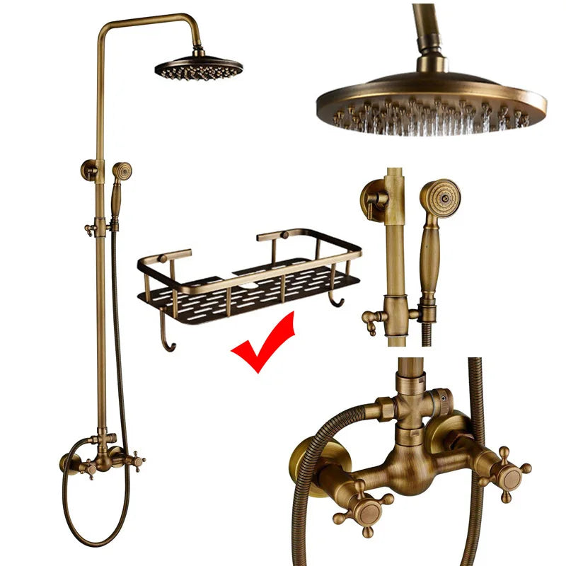 Rozin Antique Brass Wall Mount Dual Handle Shower Faucet Set Handshower Shelf