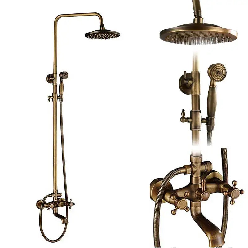 Rozin Antique Brass Wall Mount Dual Handle Shower Faucet Set Handshower Shelf