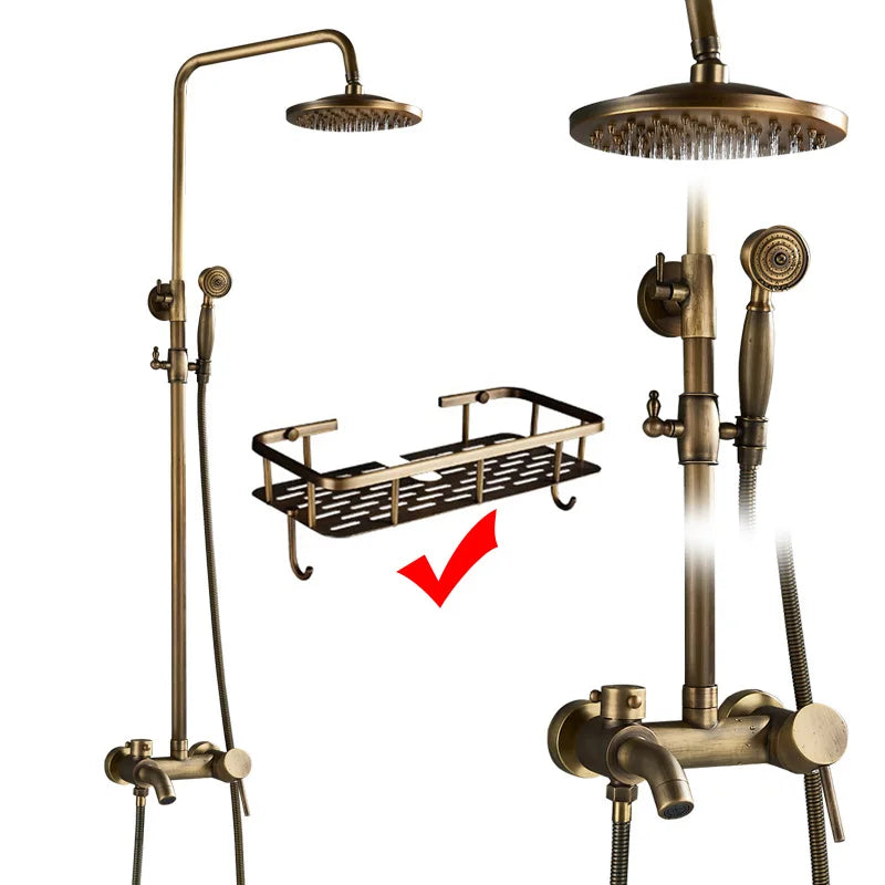 Rozin Antique Brass Wall Mount Dual Handle Shower Faucet Set Handshower Shelf