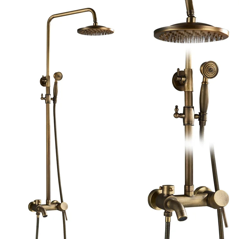 Rozin Antique Brass Wall Mount Dual Handle Shower Faucet Set Handshower Shelf