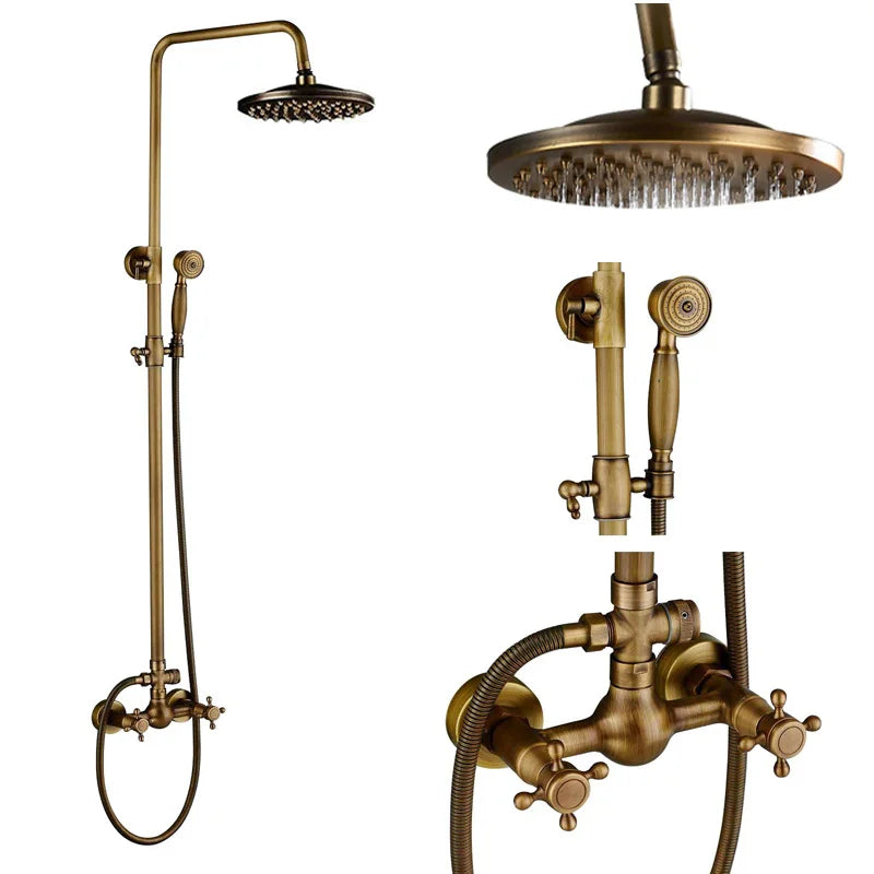 Rozin Antique Brass Wall Mount Dual Handle Shower Faucet Set Handshower Shelf