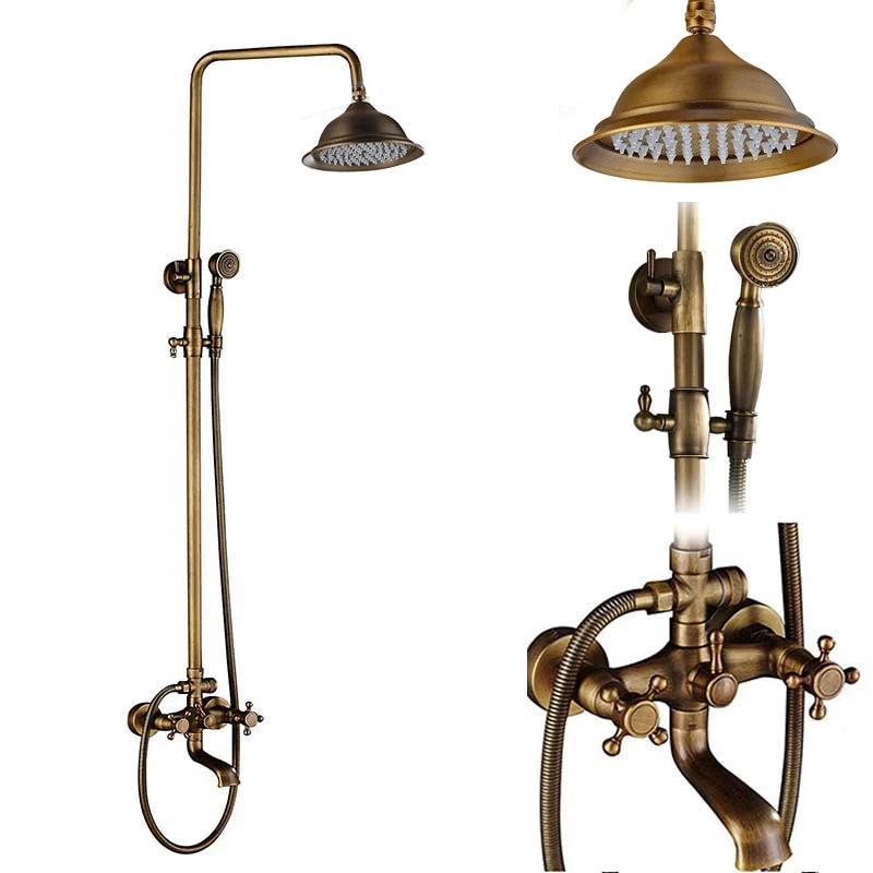 Rozin Antique Brass Wall Mount Dual Handle Shower Faucet Set Handshower Shelf