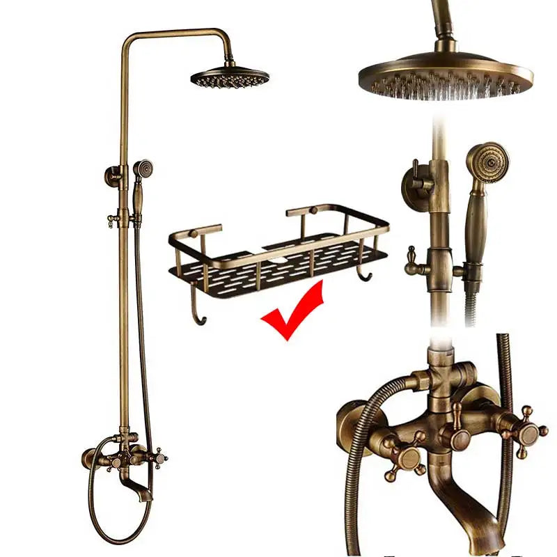 Rozin Antique Brass Wall Mount Dual Handle Shower Faucet Set Handshower Shelf
