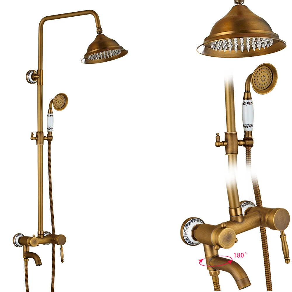 Rozin Antique Brass Wall Mount Dual Handle Shower Faucet Set Handshower Shelf