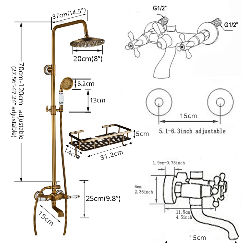 Rozin Antique Brass Wall Mount Dual Handle Shower Faucet Set Handshower Shelf