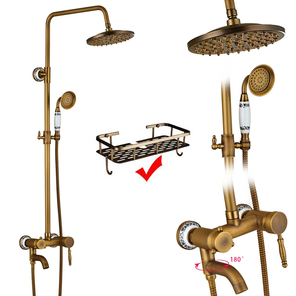 Rozin Antique Brass Wall Mount Dual Handle Shower Faucet Set Handshower Shelf