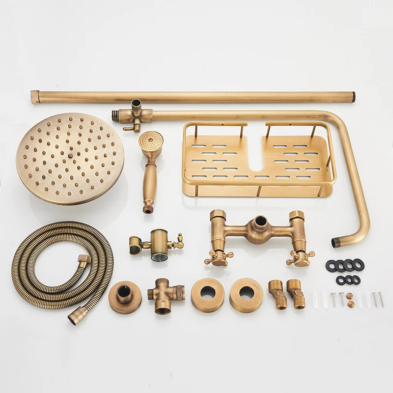 Rozin Antique Brass Wall Mount Dual Handle Shower Faucet Set Handshower Shelf