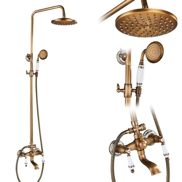 Rozin Antique Brass Wall Mount Dual Handle Shower Faucet Set Handshower Shelf