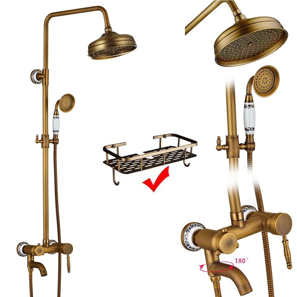 Rozin Antique Brass Wall Mount Dual Handle Shower Faucet Set Handshower Shelf