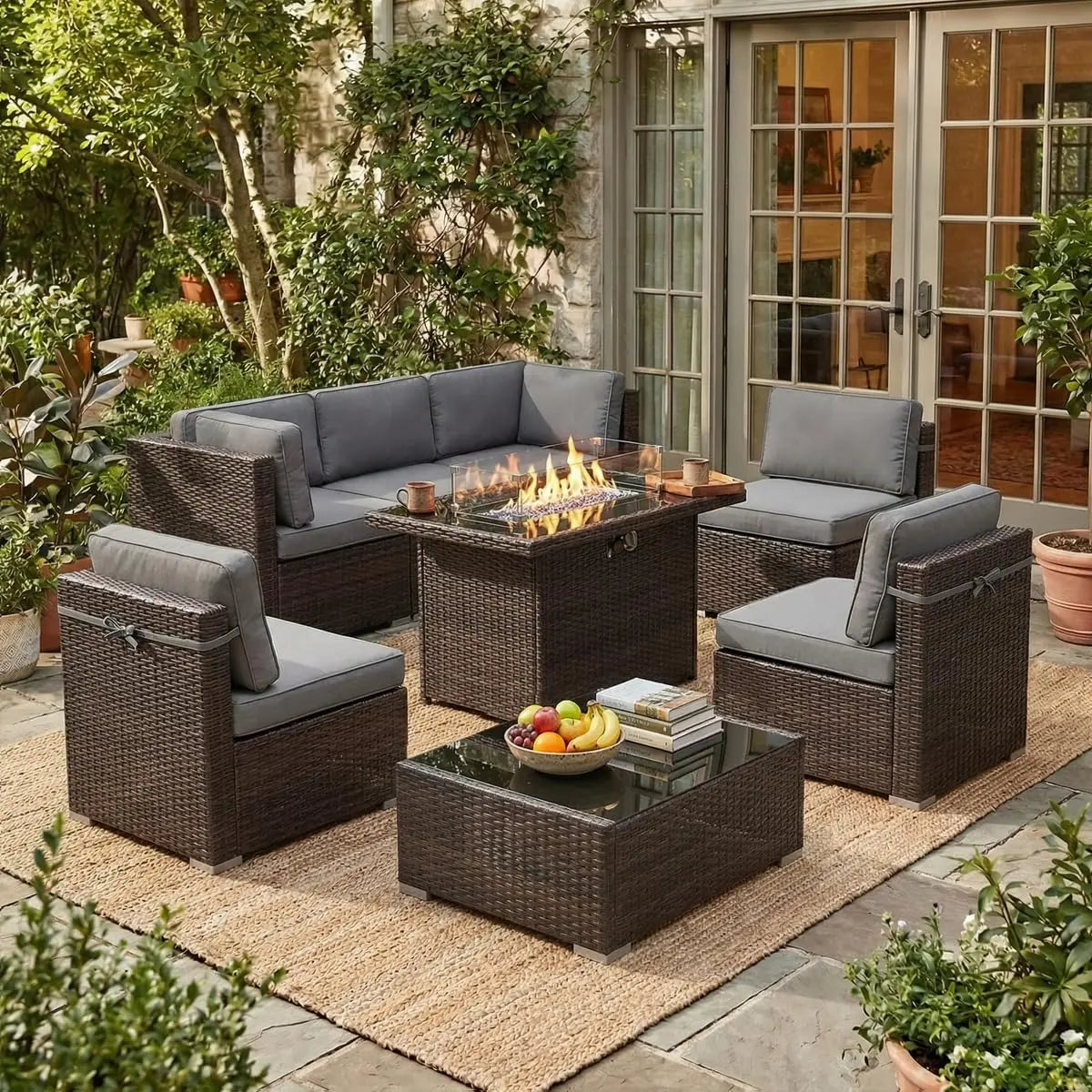Outdoor Patio Furniture Set With Fire Pit Table In Wicker Rattan