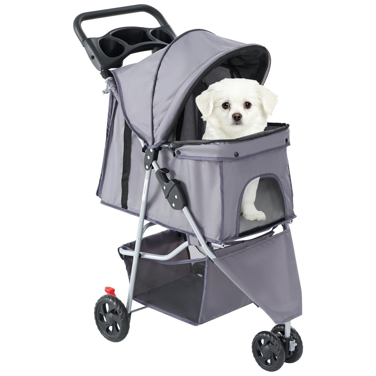 3 Wheel Foldable Pet Stroller With Mesh Windows And Cup Holder