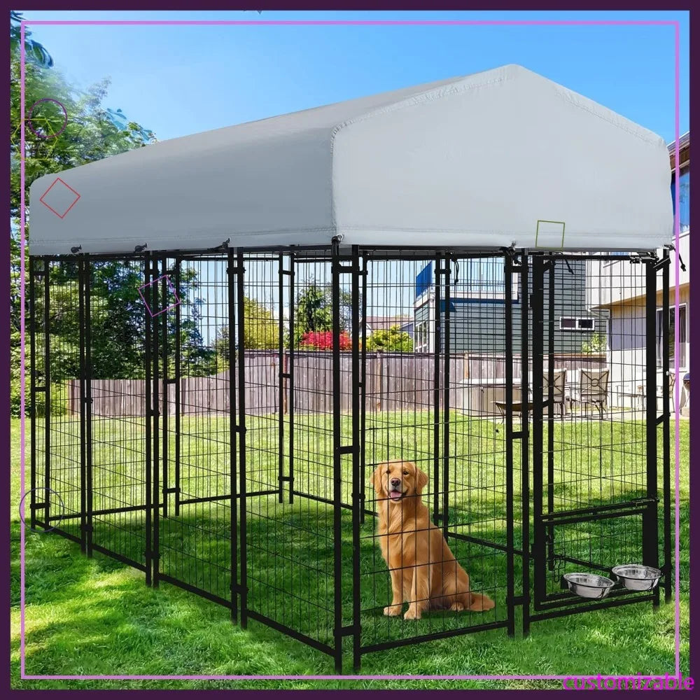 Heavy Duty Outdoor Dog Kennel With Roof, Rotating Bowls, Lock