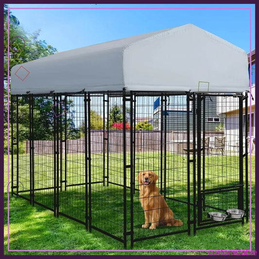 Heavy Duty Outdoor Dog Kennel With Roof, Rotating Bowls, Lock
