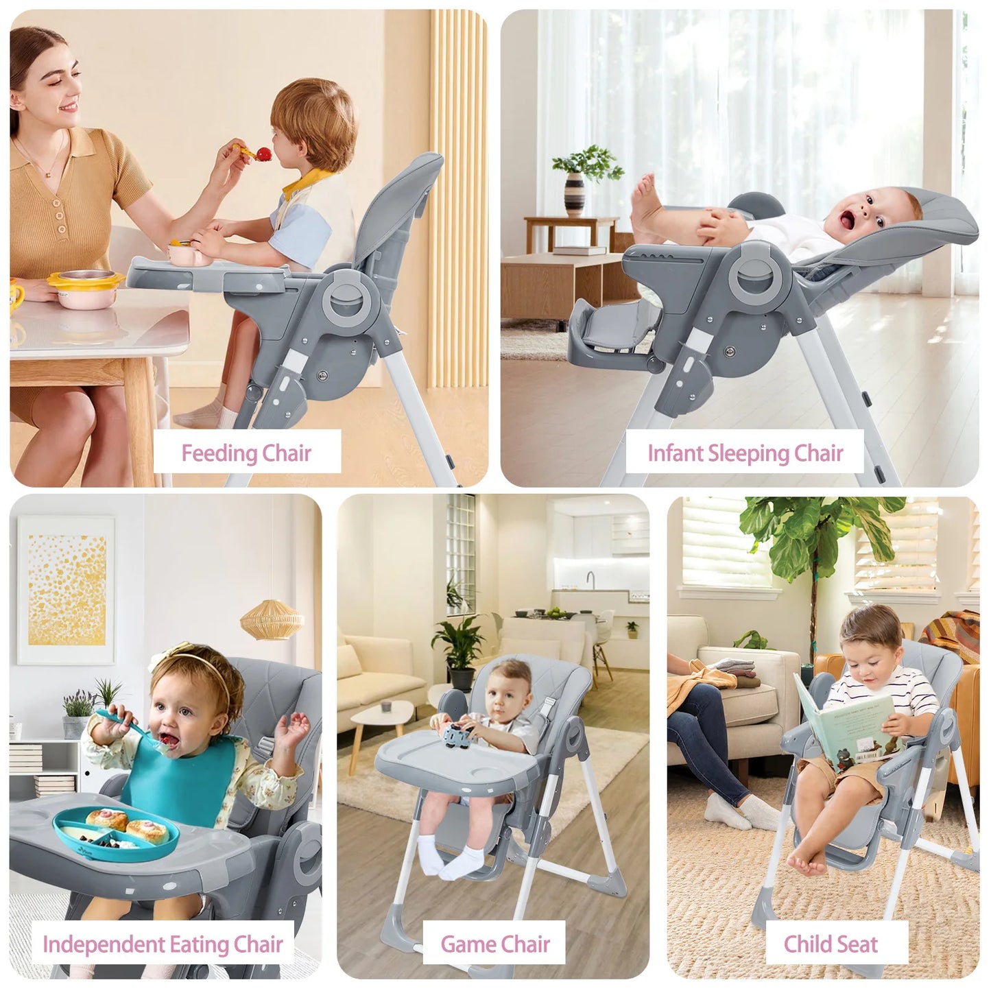Multifunctional Foldable Baby High Chair With Adjustable Height And Recline