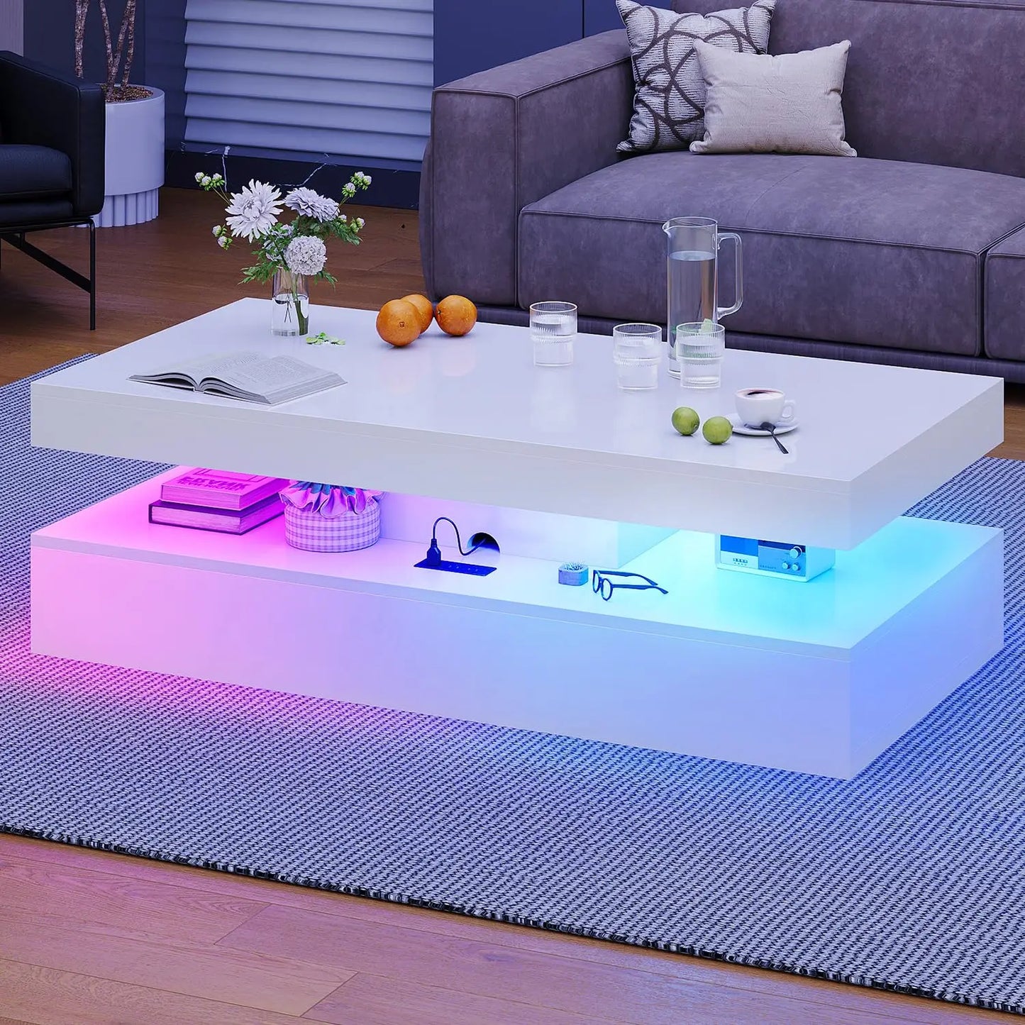 GUANGBAI High Gloss LED Coffee Table With Two Sliding Drawers