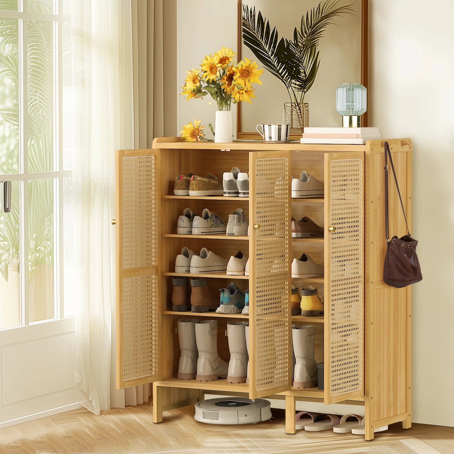 Wisfor Bamboo Shoes Rack Organizer Cabinet With Doors Six Tiers