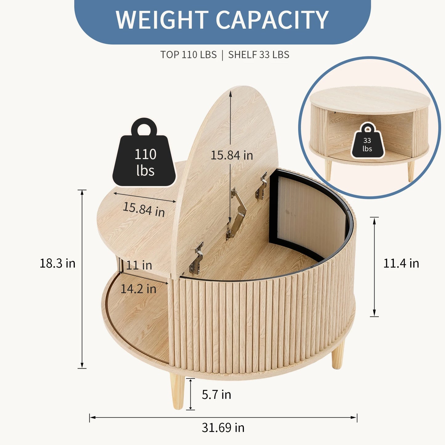JHK Round Coffee Table With Flip Top Storage Wood Shelves