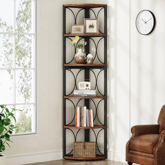 Tribesigns Tall Corner Bookshelf Six Shelf Rustic Corner Storage Rack