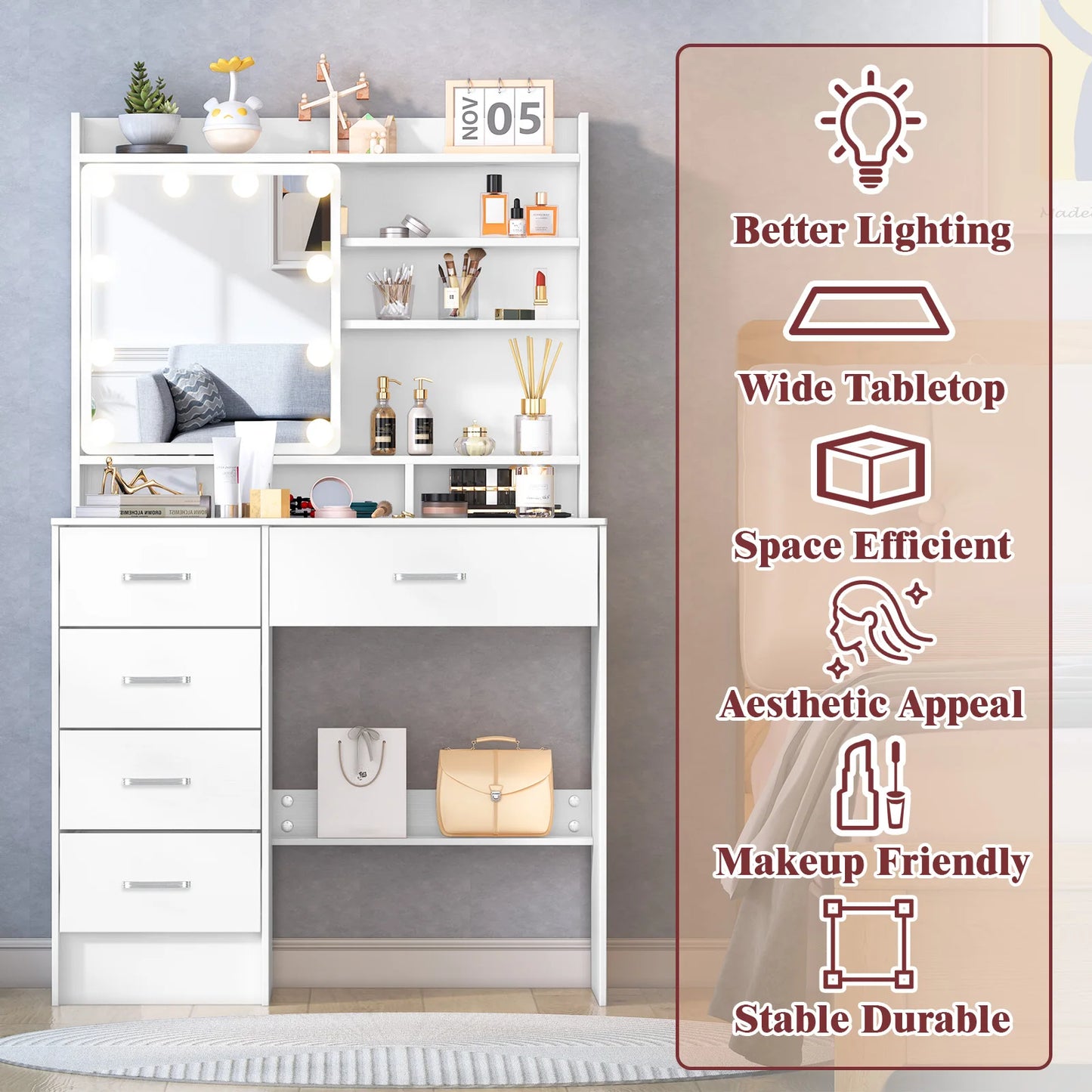 Teousev Vanity Dressing Table With LED Mirror And 5 Drawers
