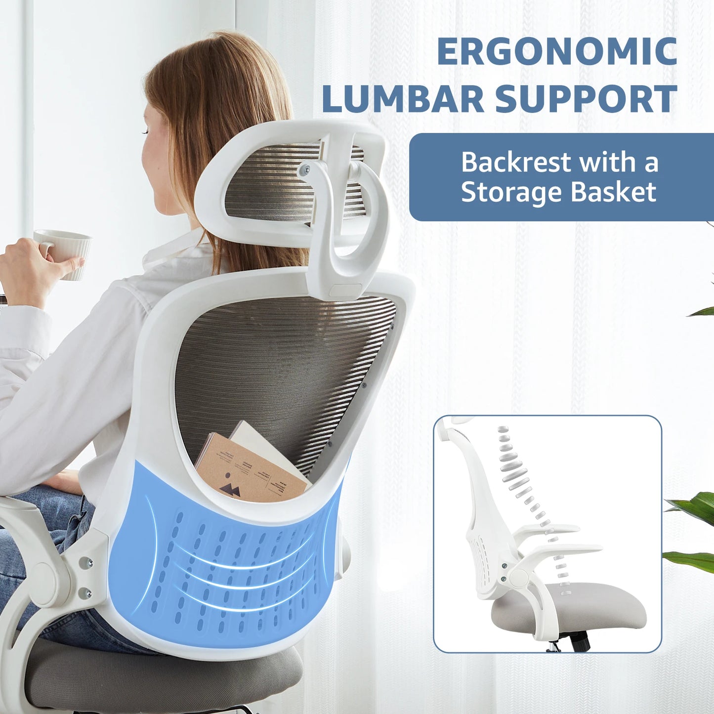 JHK Ergonomics Mesh Chair With Flip Up Arms And Lumbar