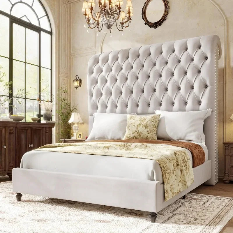 Jocisland King Bed Frame With 59 Inch Velvet Tufted Headboard