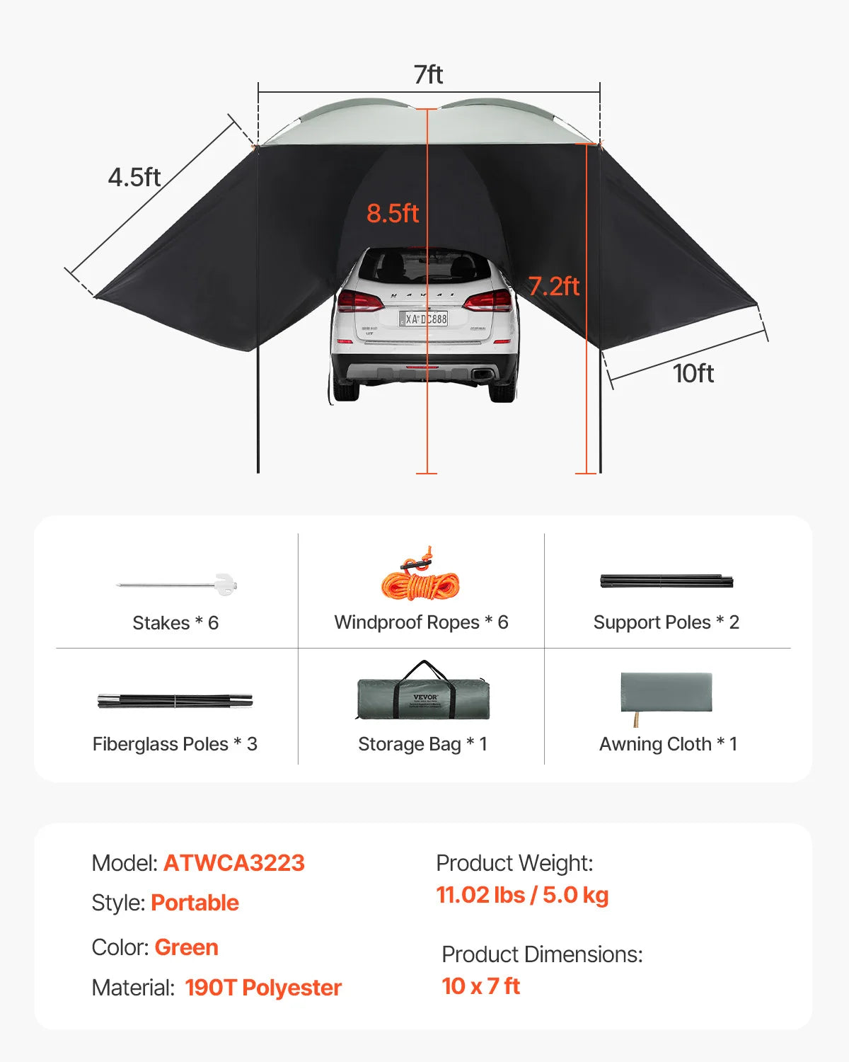 Succebuy Retractable Car Side Awning With Waterproof Storage Bag