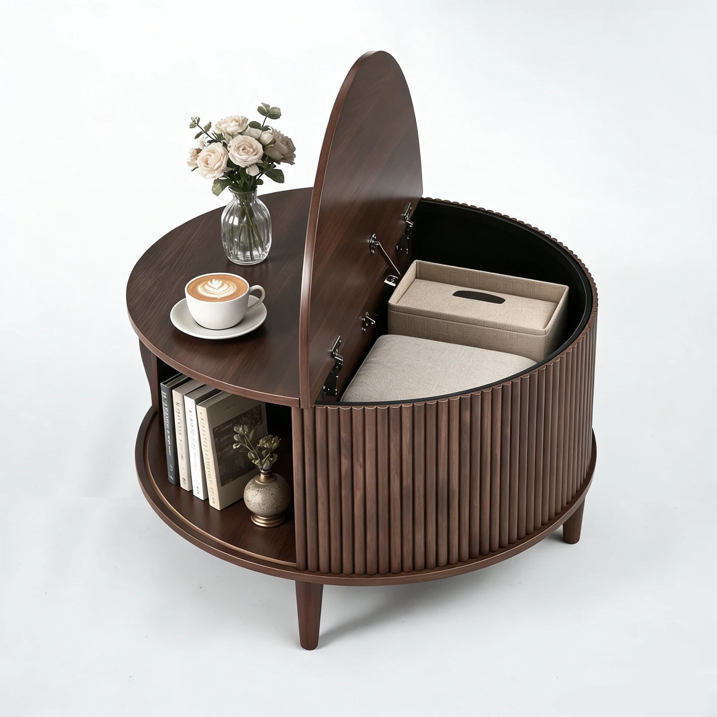 JHK Round Coffee Table With Flip Top Storage Wood Shelves