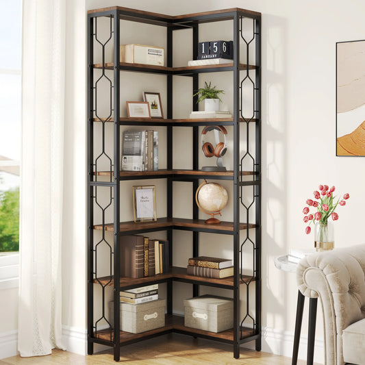 Tribesigns 7-Tier Wood and Metal Corner Shelf for Home Display