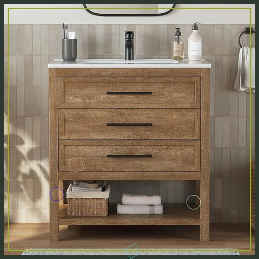 Farmhouse Bathroom Vanity With Sink Freestanding Cabinet Resin Countertop