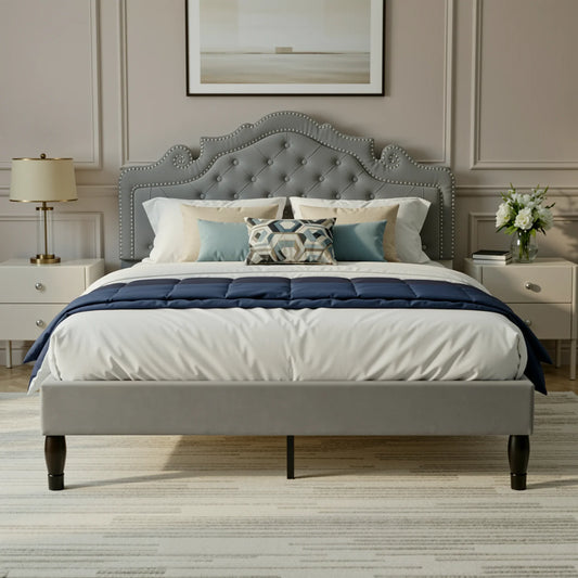 HOOMIC Velvet Tiara Headboard Bed Frame with Storage, Diamond Tufted Upholstered Platform