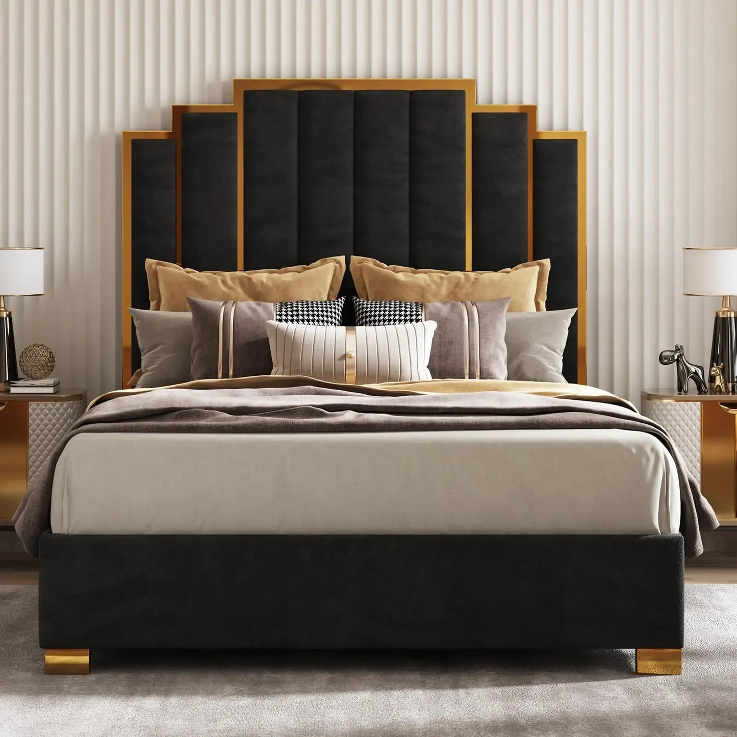 Amerlife Upholstered Bed With Gold Trim Headboard No Box Spring
