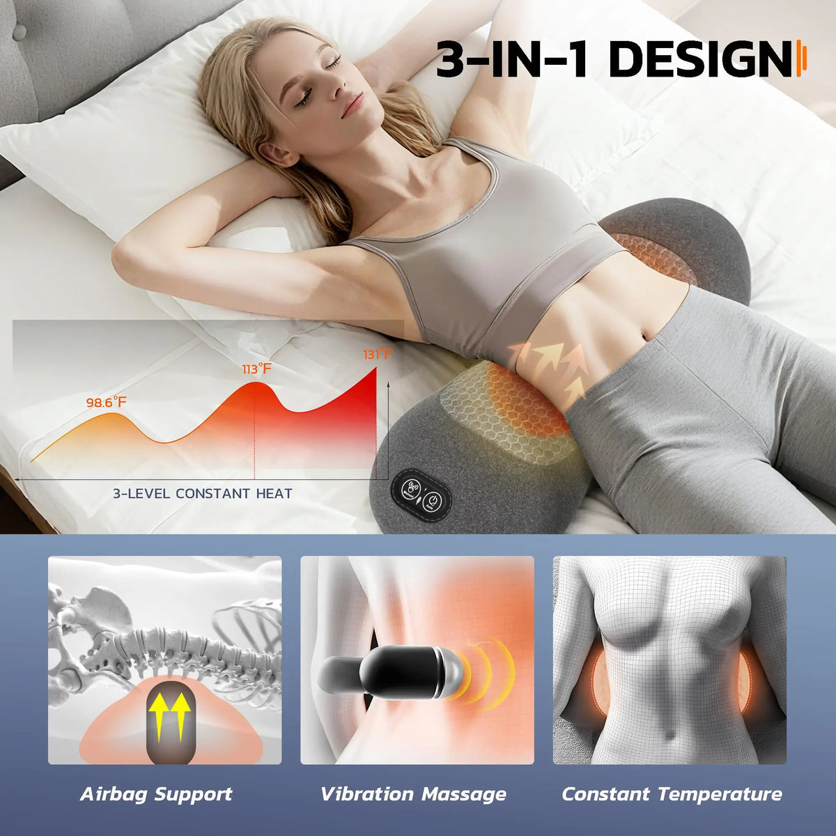 PAQIN 3 In 1 Electric Lumbar Back Massager With Heat And Vibration