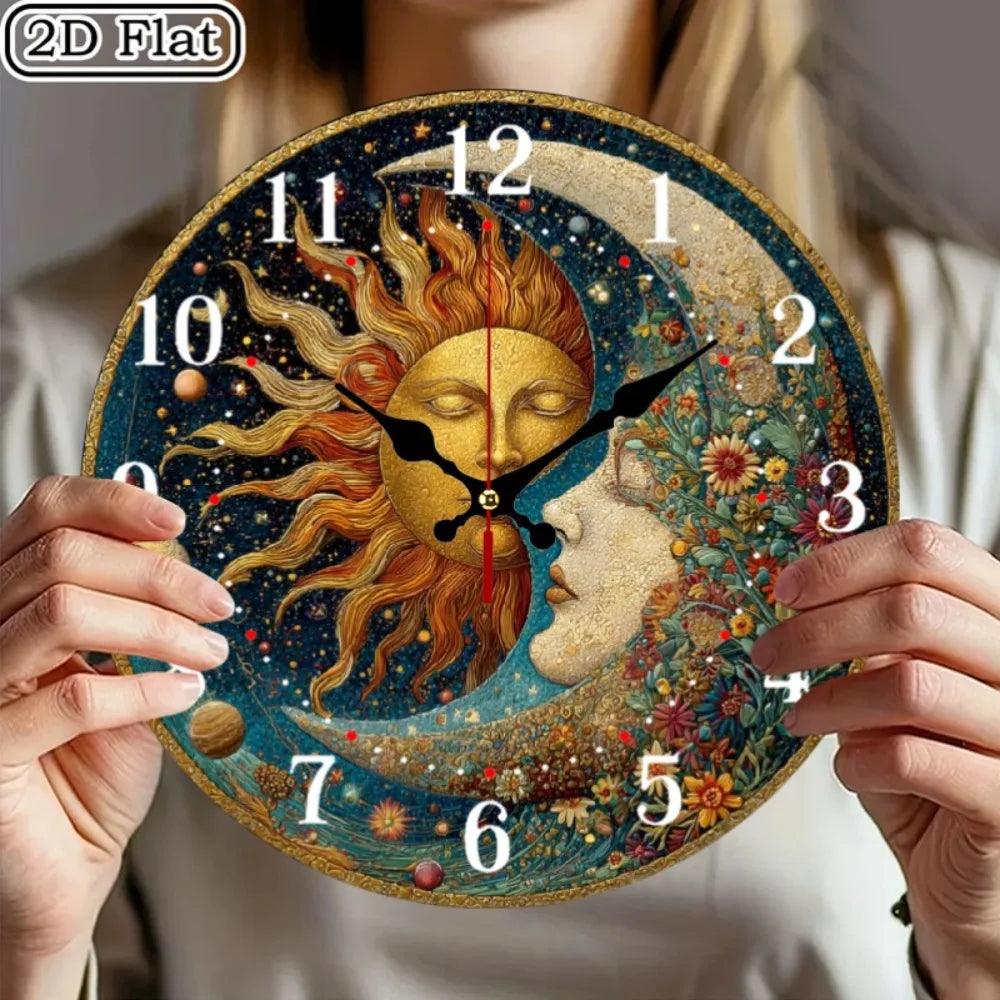 YTYIN Wooden Wall Clock Vintage Sun Moon Silent Quartz Design