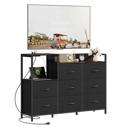 JHK Cabinet With 8 Fabric Drawers TV Stand Charging Station