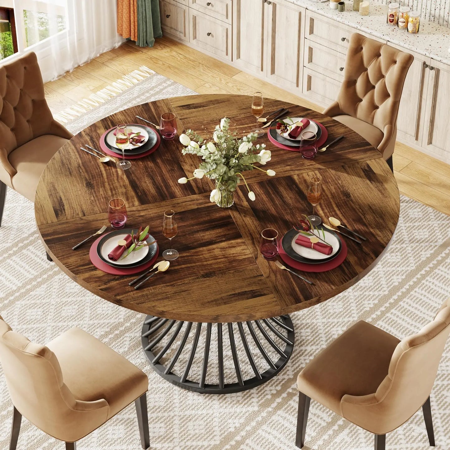 Tribesigns Round Dining Table For 4-6 People Industrial Farmhouse Kitchen