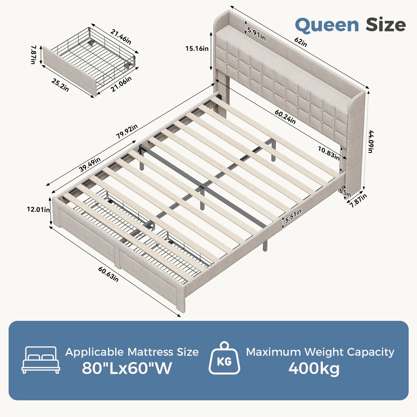 MCQ Bed Frame With Headboard And 2 Underbed Storage Drawers