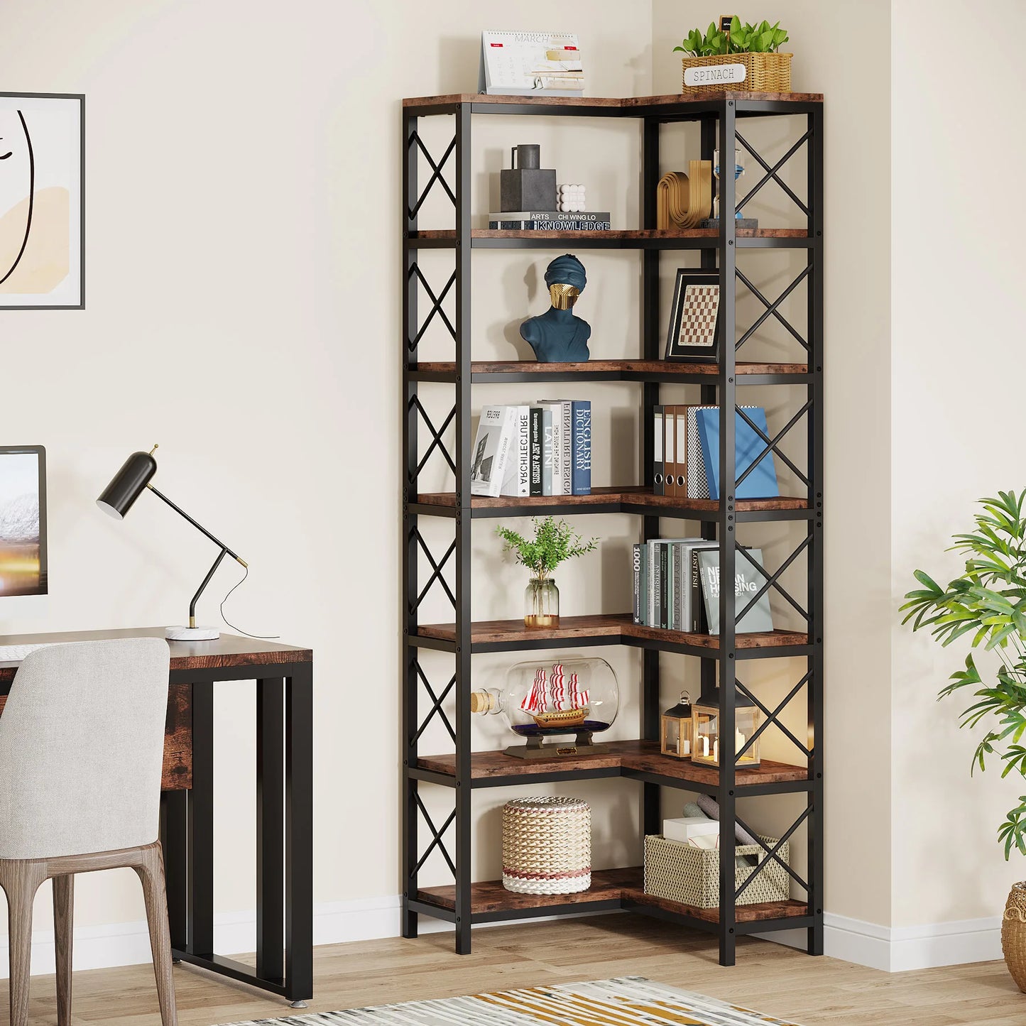 Tribesigns 7 Tier Corner Bookshelf With Metal Frame