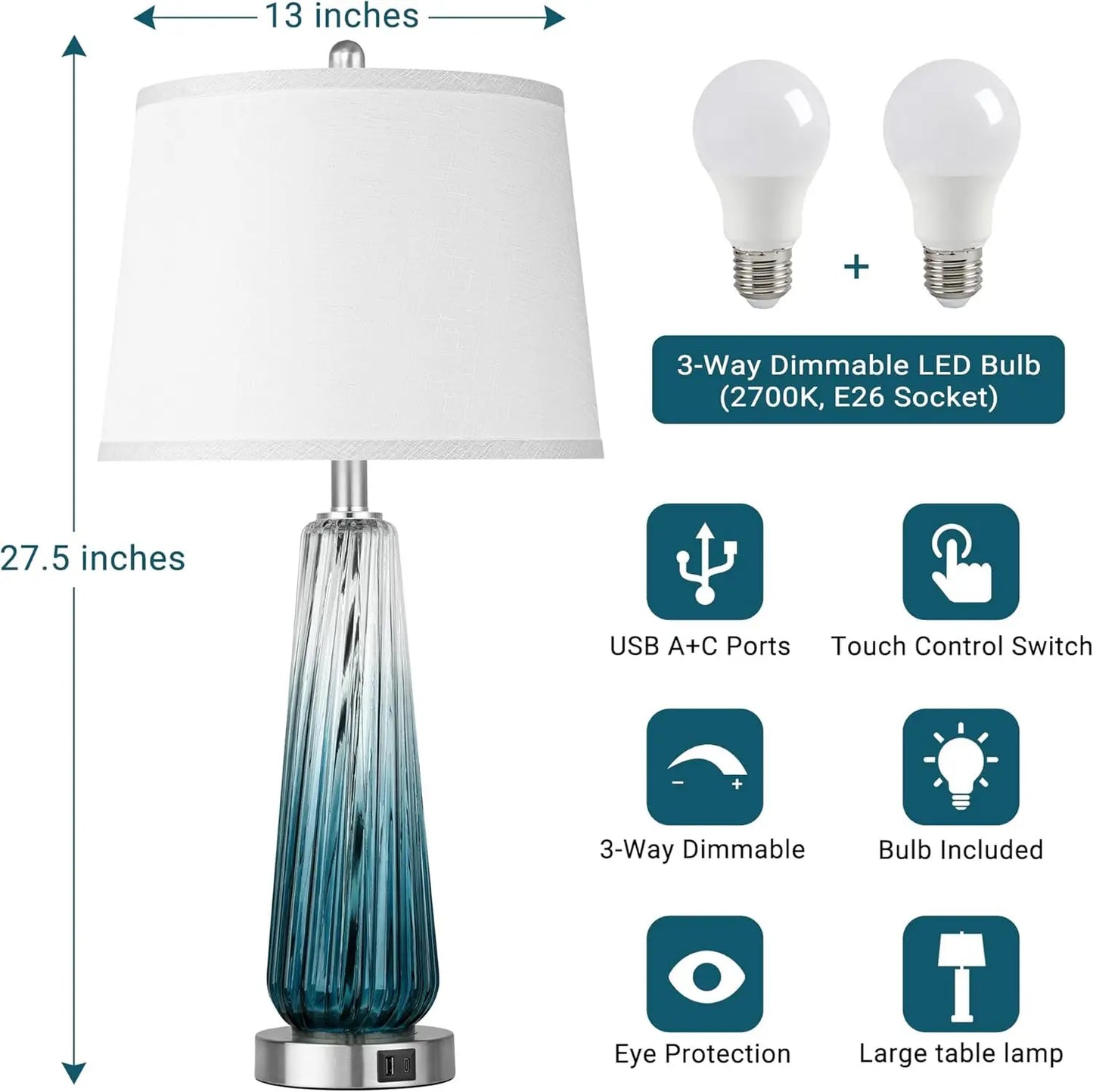 Touch Control Glass Table Lamps Set With Usb Charging Ports