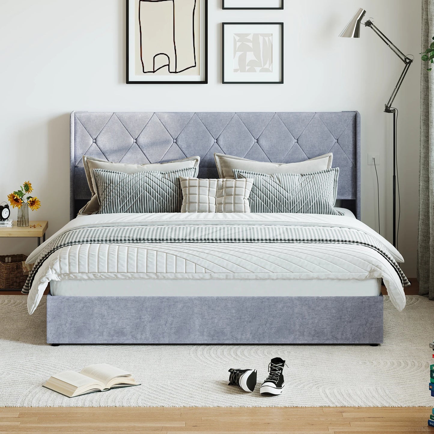 JHK Modern Wingback Platform Bed With Hydraulic Lift Storage