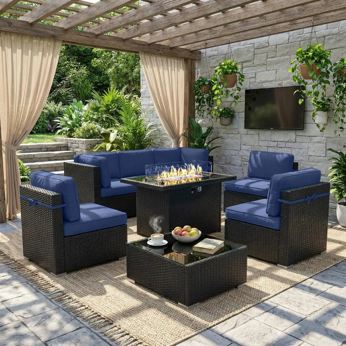 Outdoor Patio Furniture Set With Fire Pit Table In Wicker Rattan