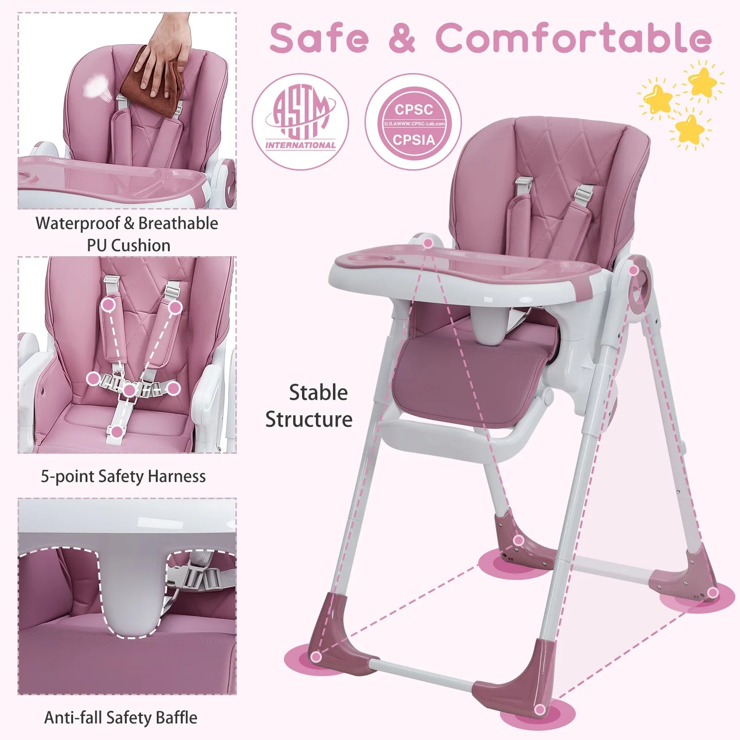 Multifunctional Foldable Baby High Chair With Adjustable Height And Recline