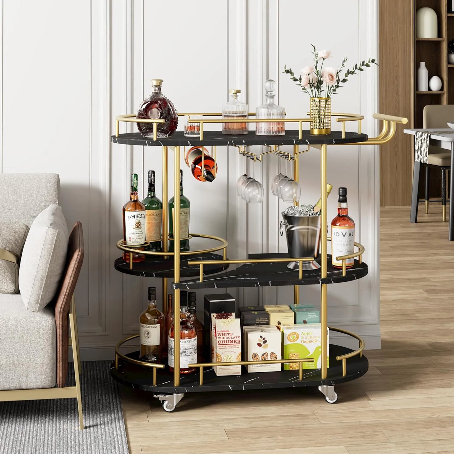 HiMISS Three Tier Drinks Trolley Bar Cart With Wheels