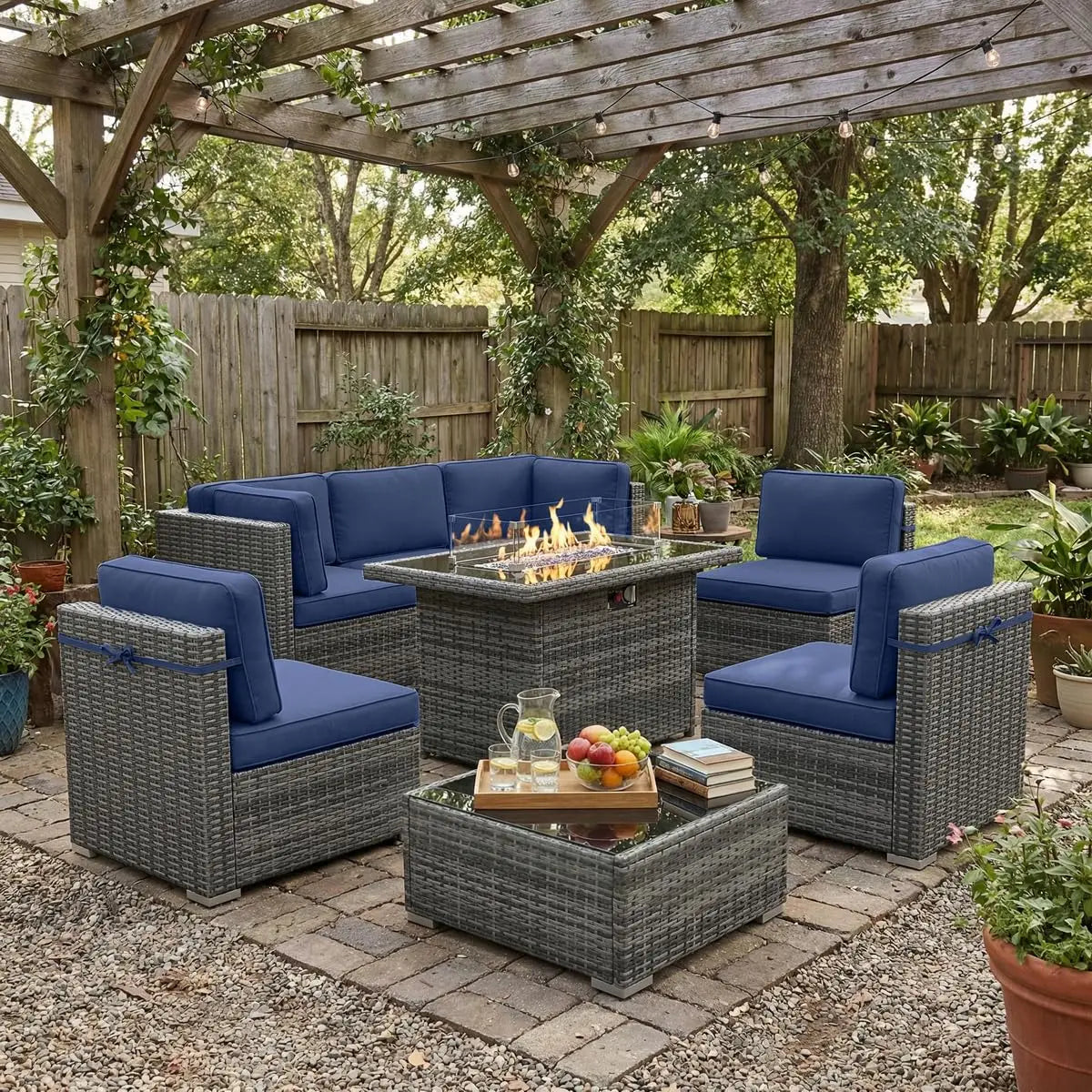 Outdoor Patio Furniture Set With Fire Pit Table In Wicker Rattan
