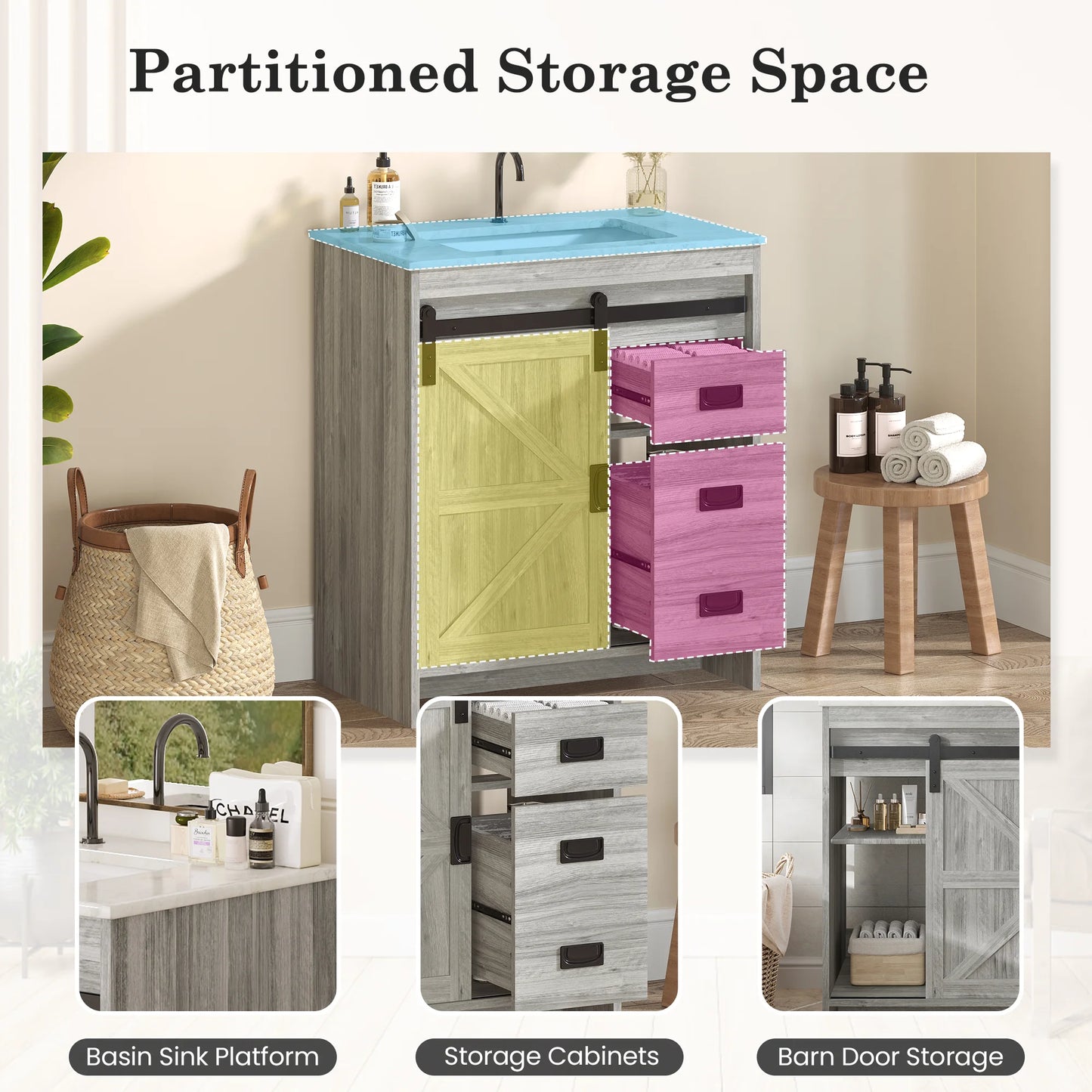 Gray Farmhouse Bathroom Vanity with Ceramic Top And Sliding Barn Door Design