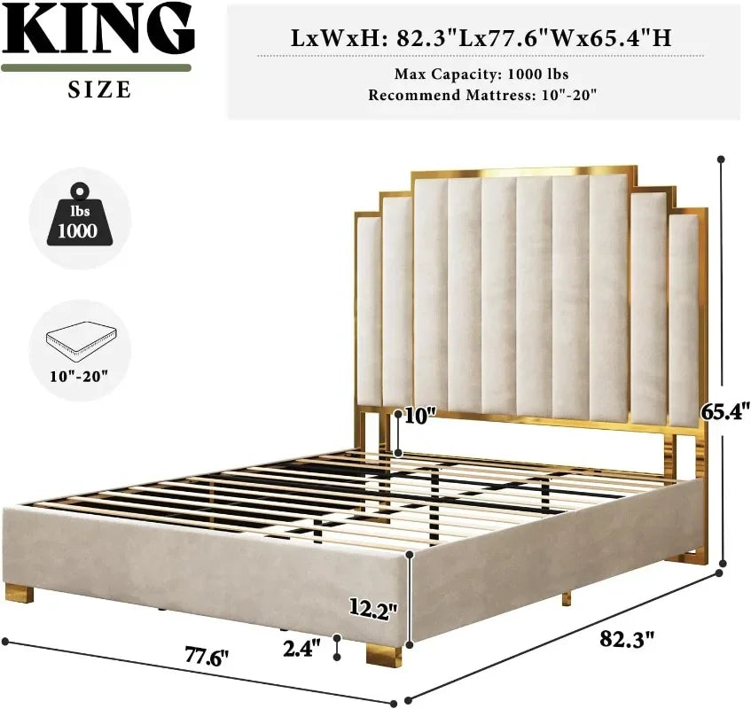 Amerlife Upholstered Bed With Gold Trim Headboard No Box Spring