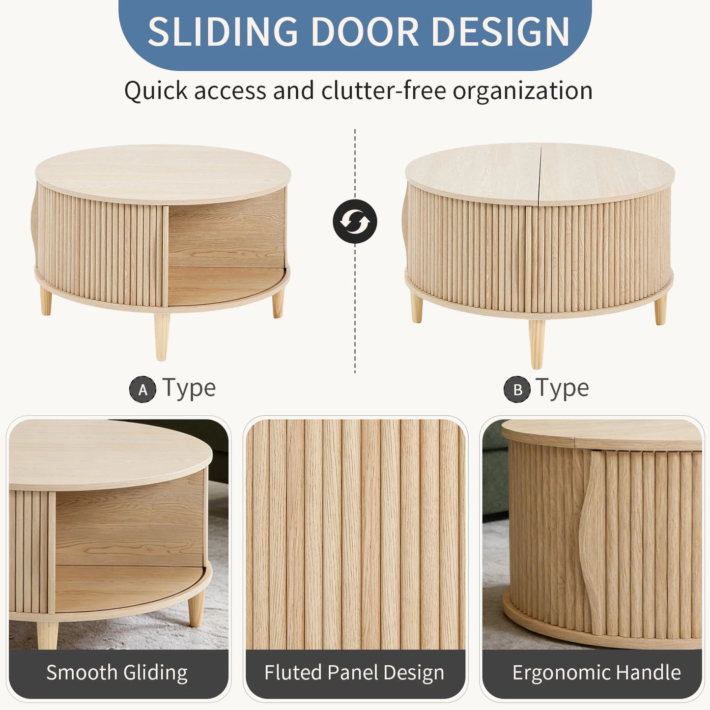 JHK Round Coffee Table With Flip Top Storage Wood Shelves