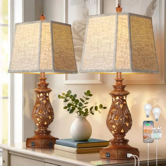 Farmhouse Table Lamps With USB Charging Ports And Night Light