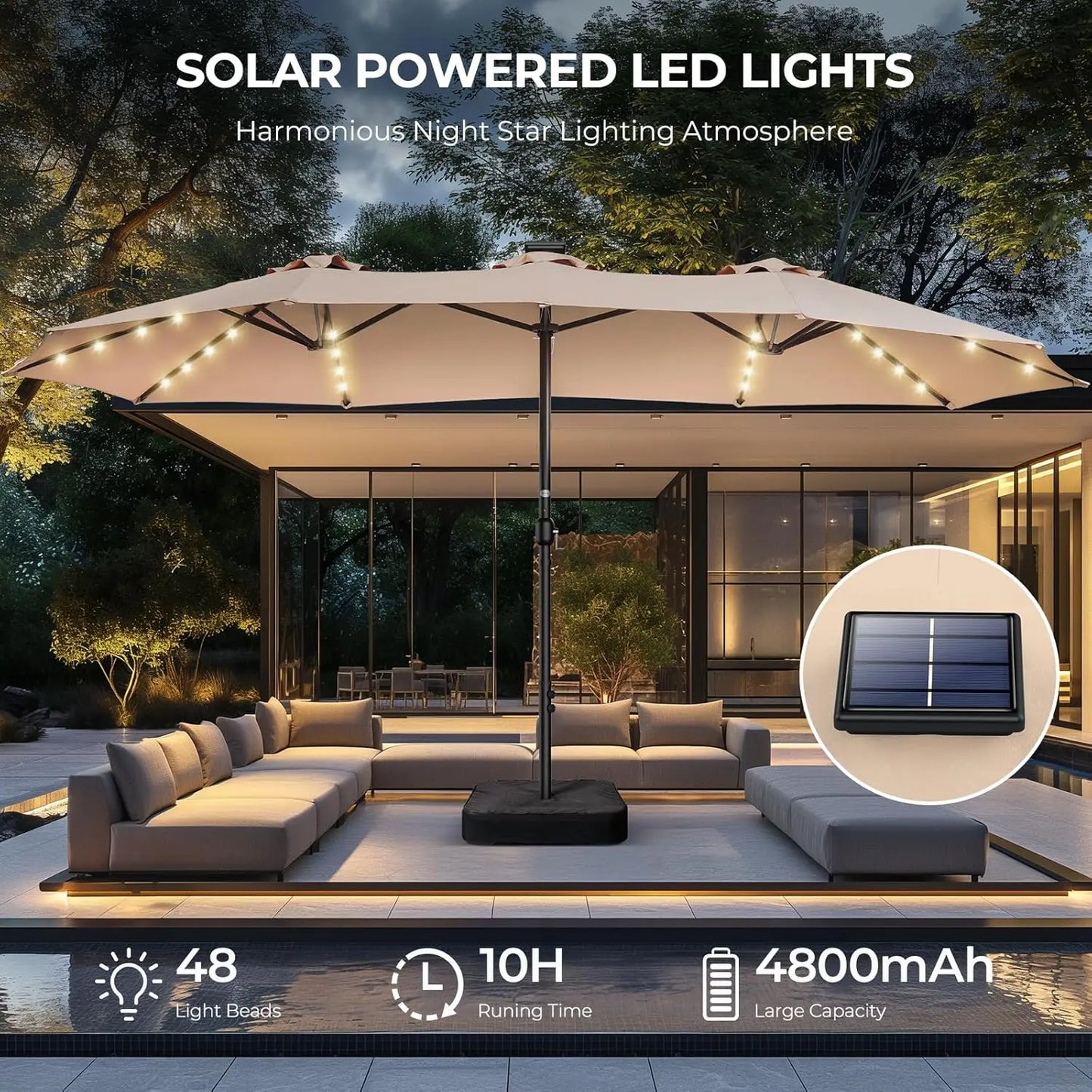 Double Sided Patio Umbrellas With LED Solar Lights And Base